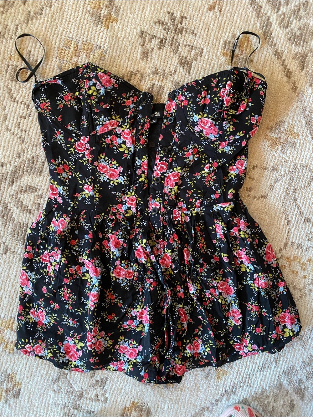 Bustier button up  Floral Black Romper Dress - Pink Rose Print